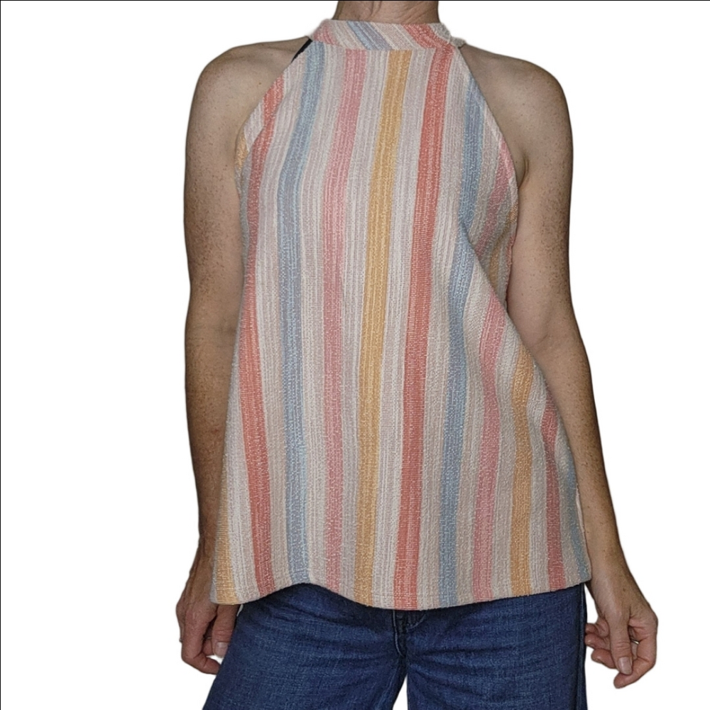 Halter Top Tank top pullover Stripes Cotton blend Wood buttons Colorful W5 NWT